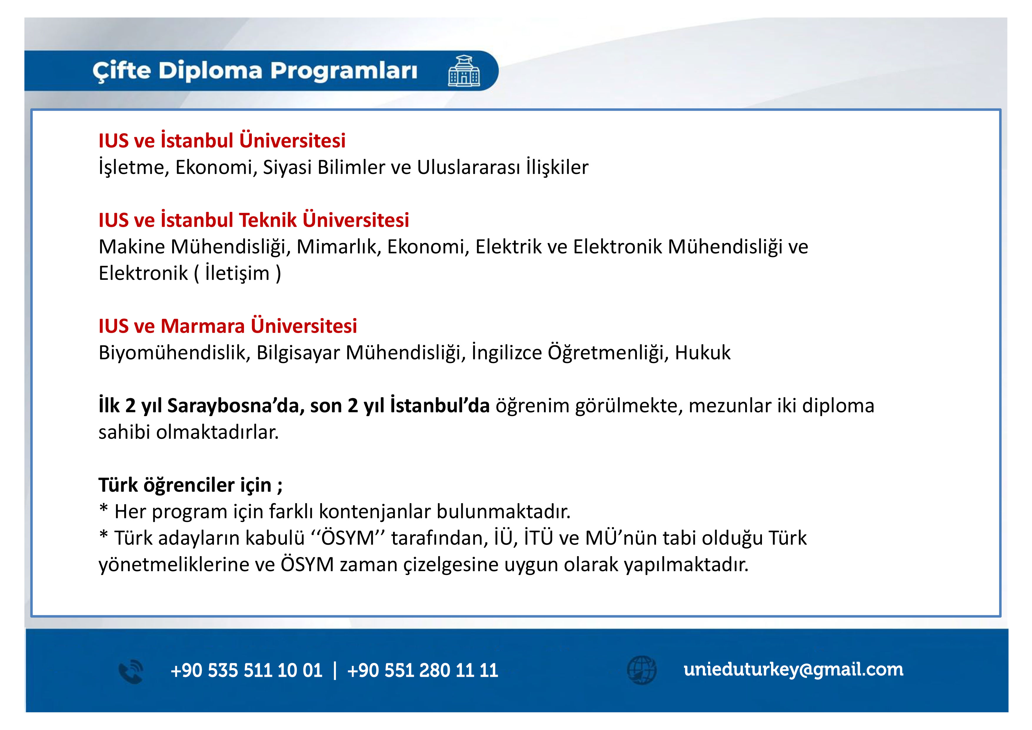 Uluslararası Saraybosna Üniversitesi çifte diploma programı